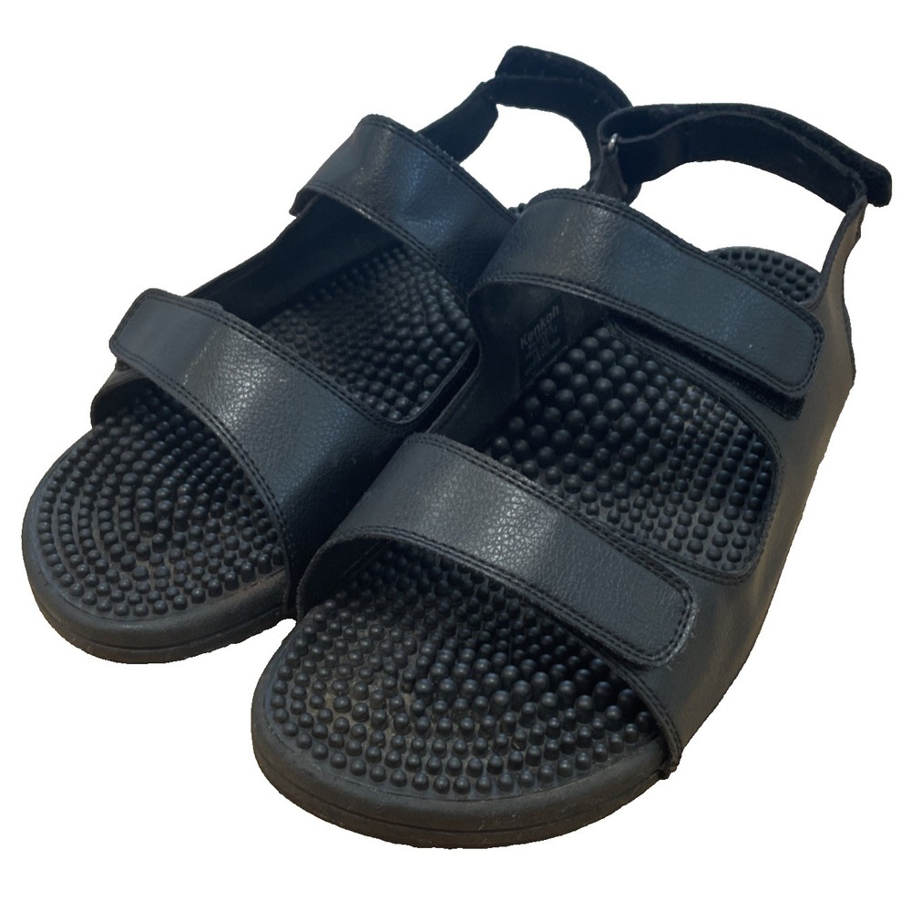 Kenkoh Balance Mens Size 12 Massage Sandals Black Leather Hook Loop Straps